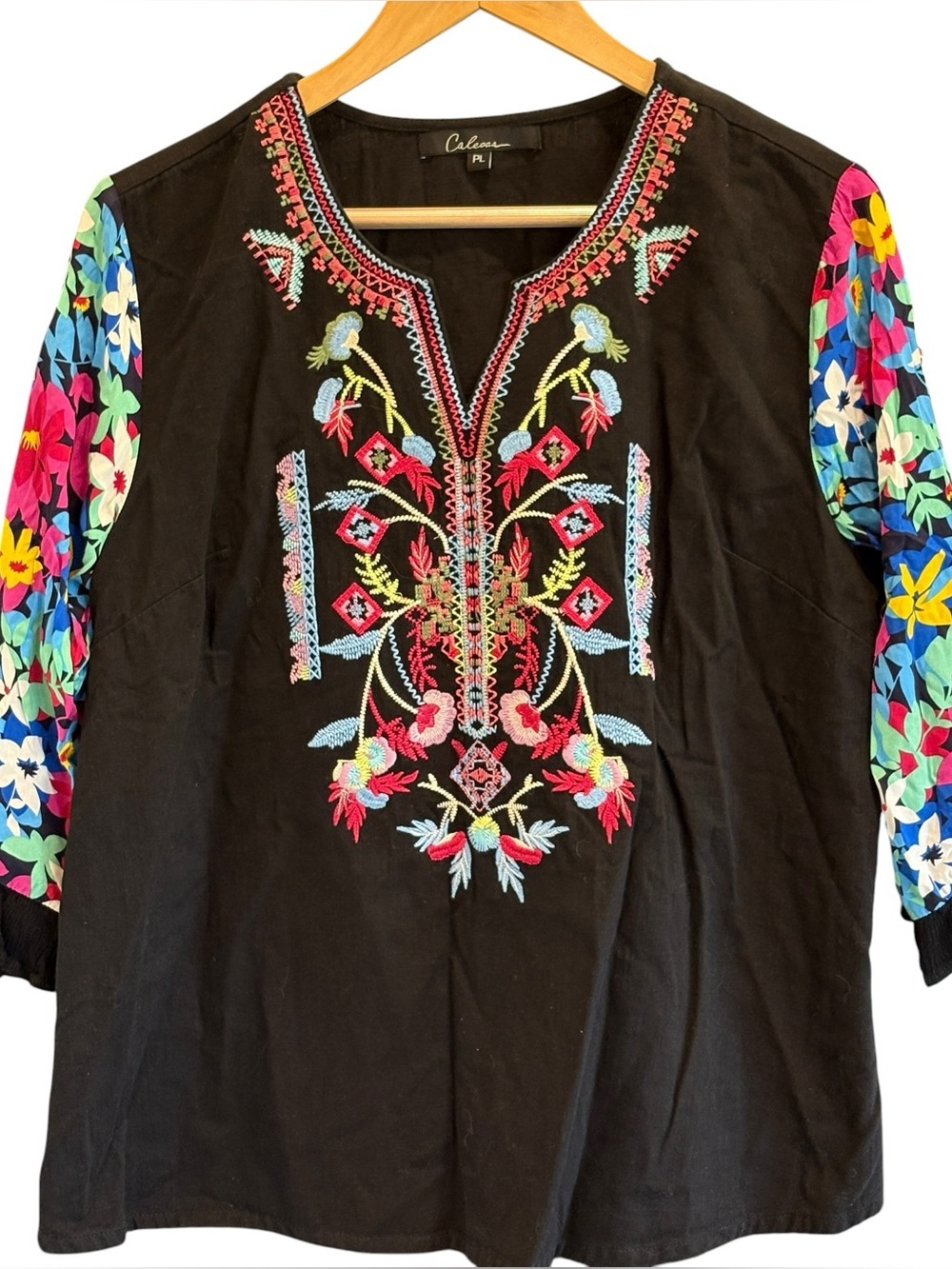 Calessa Embroidered Floral Shirt Blouse Size Petite Large Festival Boho
